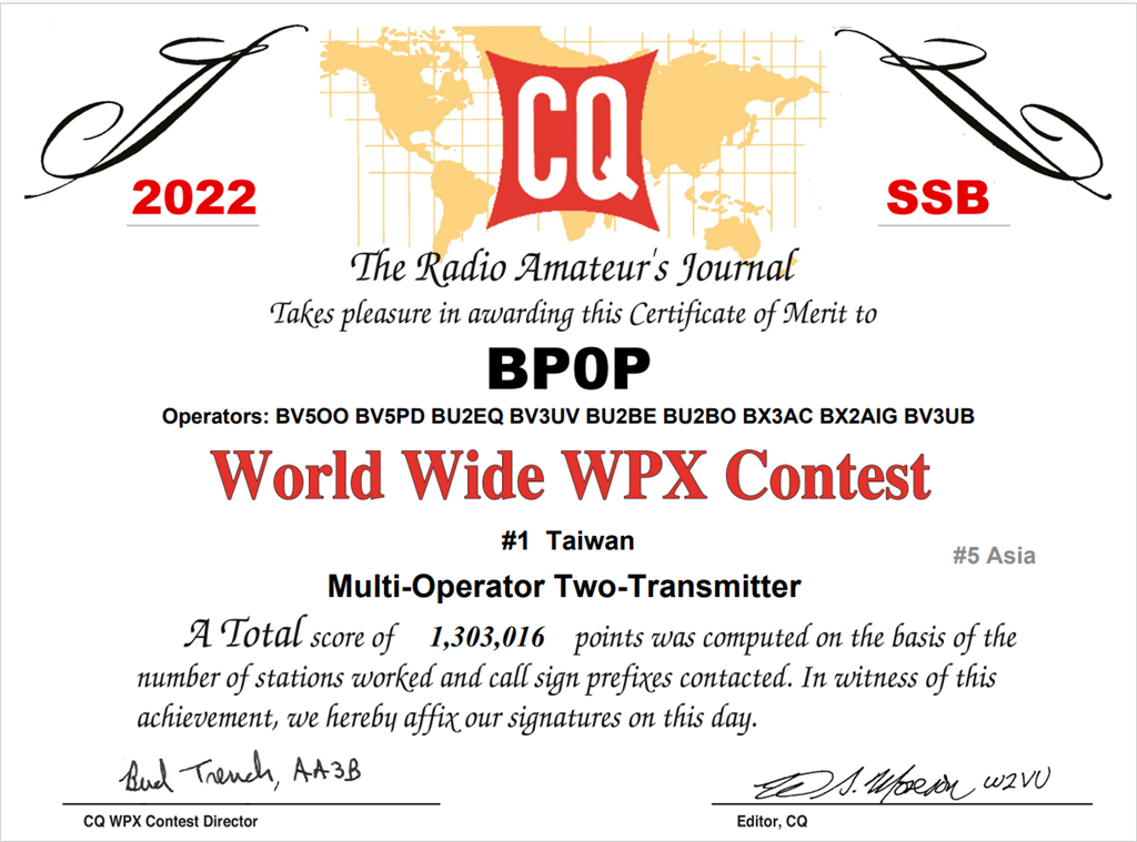 CQWW WPX Contest, Taiwan #1, Asia #5