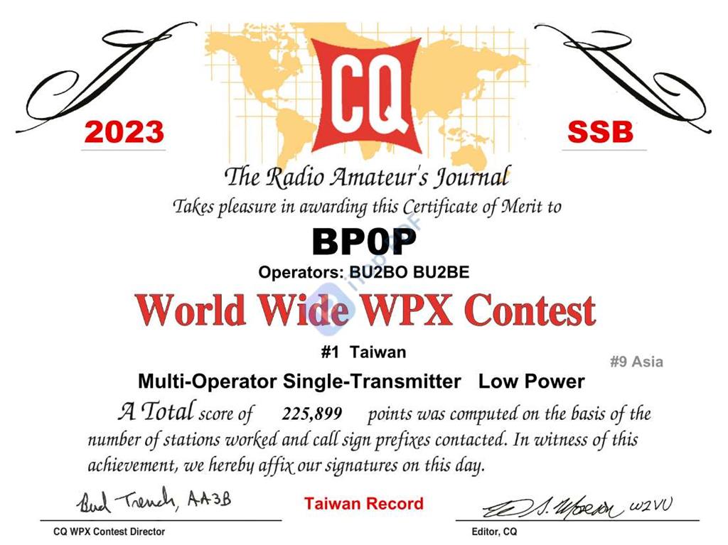 CQWW WPX Contest, Taiwan #1, Asia #9